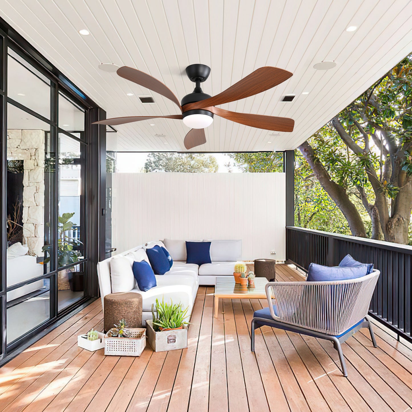 52 Inch Indoor Ceiling Fan With 3 Color Dimmable 5 ABS Blades Remote Control Reversible DC Motor Black With Led Light