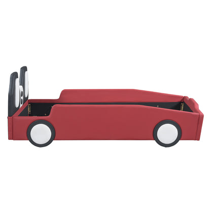 Twin Size Race Car-Shaped Platform Bed with Wheels,Red