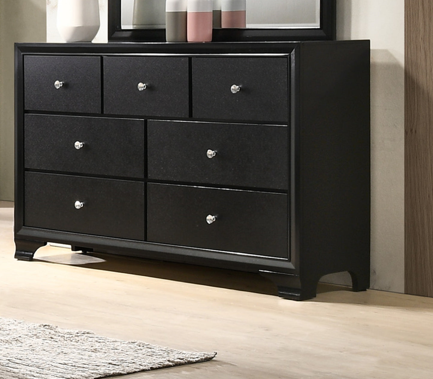 1pc Modern Glam Style Black Finish Glam Seven Drawer Dresser Embossed Crocodile Pattern Wooden Bedroom Furniture