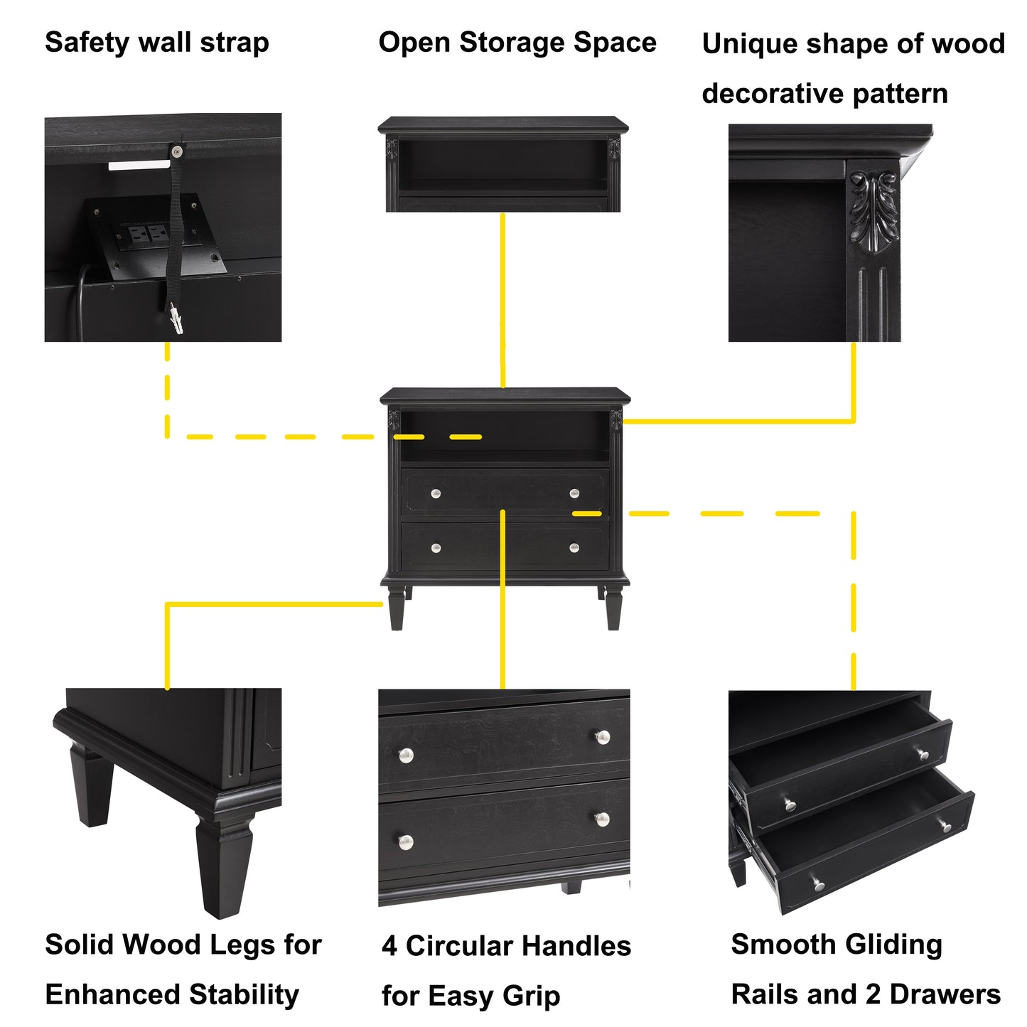 Open Space and 2 Drawers Dresser Nightstand with Charging Station, Farmhouse End Table with USB Ports and Outlets, Fluted Pilasters Design Side Table with Solid Wood Legs for Bedroom