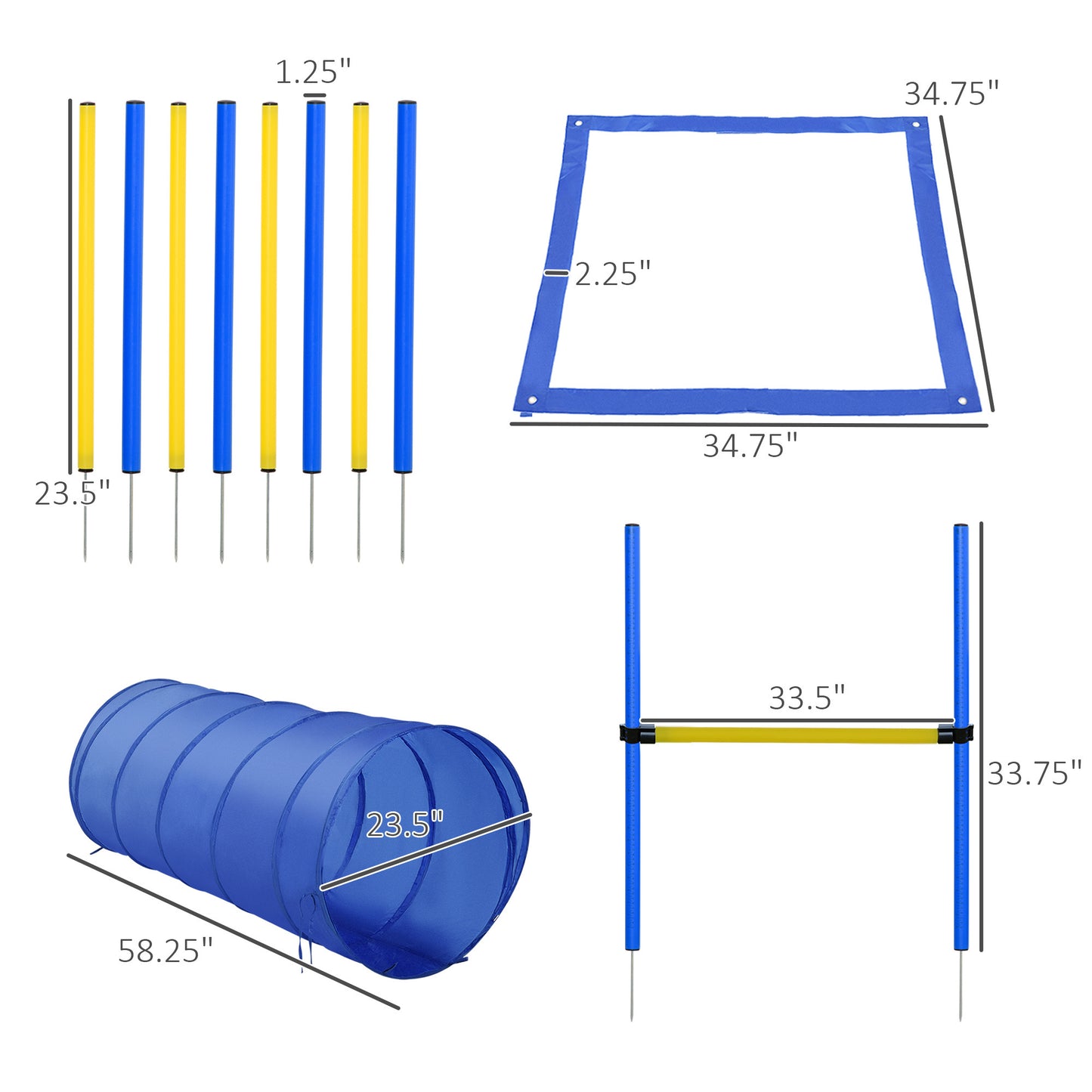 4PC Obstacle Dog Agility Training Course with Jump Hurdle, Tunnel, Pause Box, Weave Poles and Carrying Bag, Backyard Competitive Equipment- Blue/Yellow