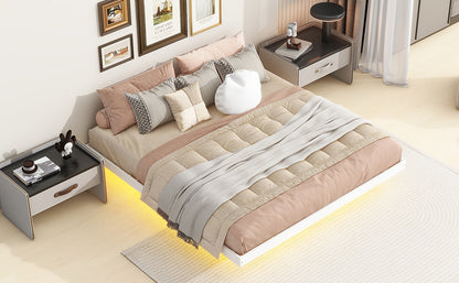 King Size Floating Bed with LED Lights Underneath,Modern King Size Low Profile Platform Bed with LED Lights,White