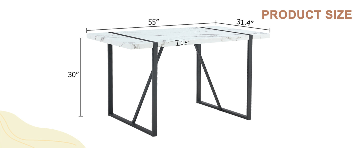 Industrial Rectangular MDF White Pattern Dining Table for 4-6 people with 1.5 inch thick MDF top and black metal legs for desks, kitchens, patios, dining rooms