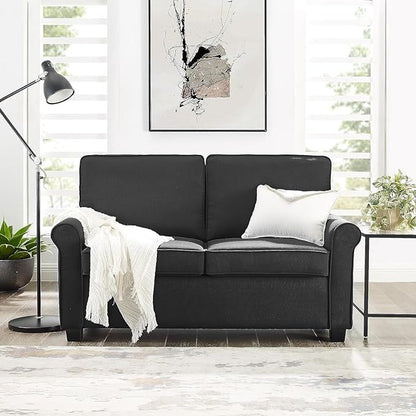 Love seat Sofa Sleeper With Memory Foam Mattress Rolled Arms,Linen Polyester Fabric,Wood and Metal Frame,Plastic Legs Sofa bed Sofa bed, black