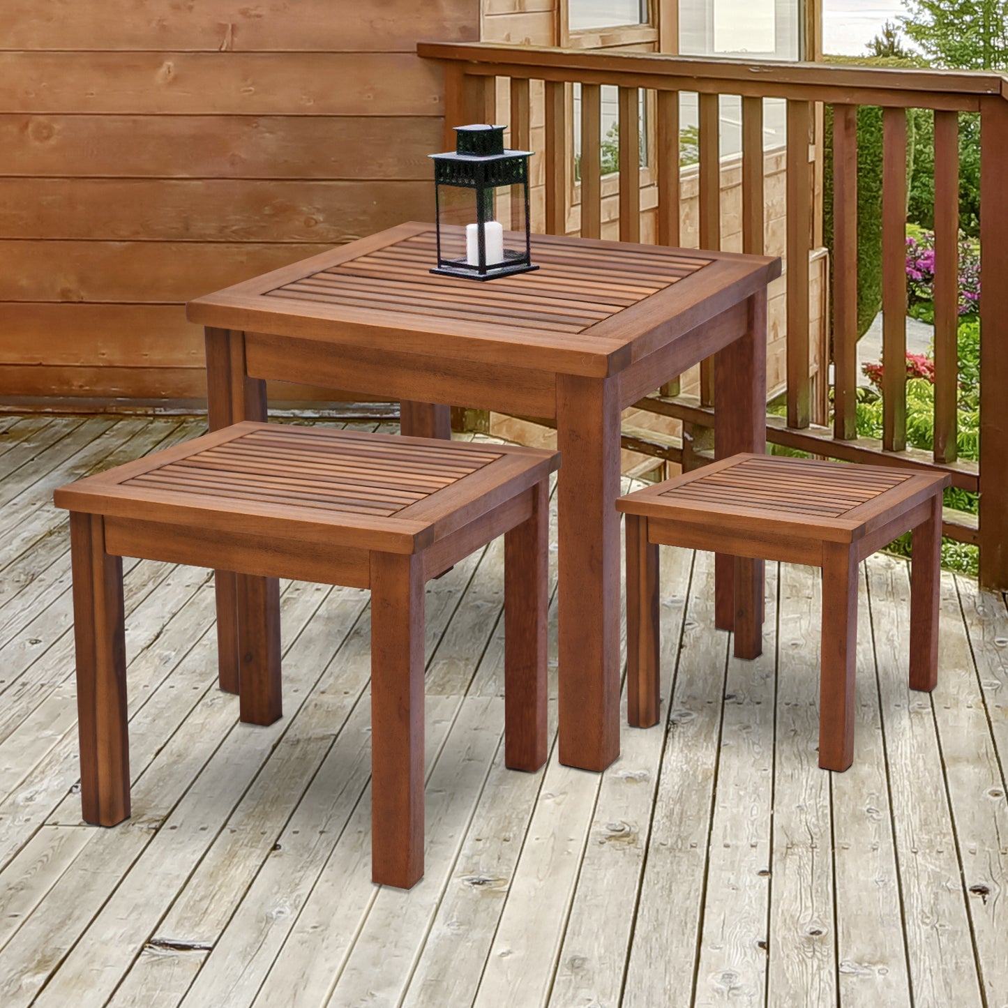 Outsunny 3 Piece Outdoor Side Nesting Table Patio Set with Acacia Wood Build & Multi-Functional Design