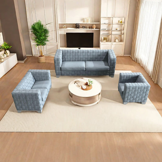 FX-D1 SOFA SET Include Chair Loveseat And Sofa Light Blue ColorLinen &  White color sofa legs