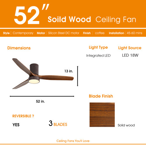 52 Inch Flush Mount Ceiling Fan with LED Light and Remote Control Solid Wood Blades