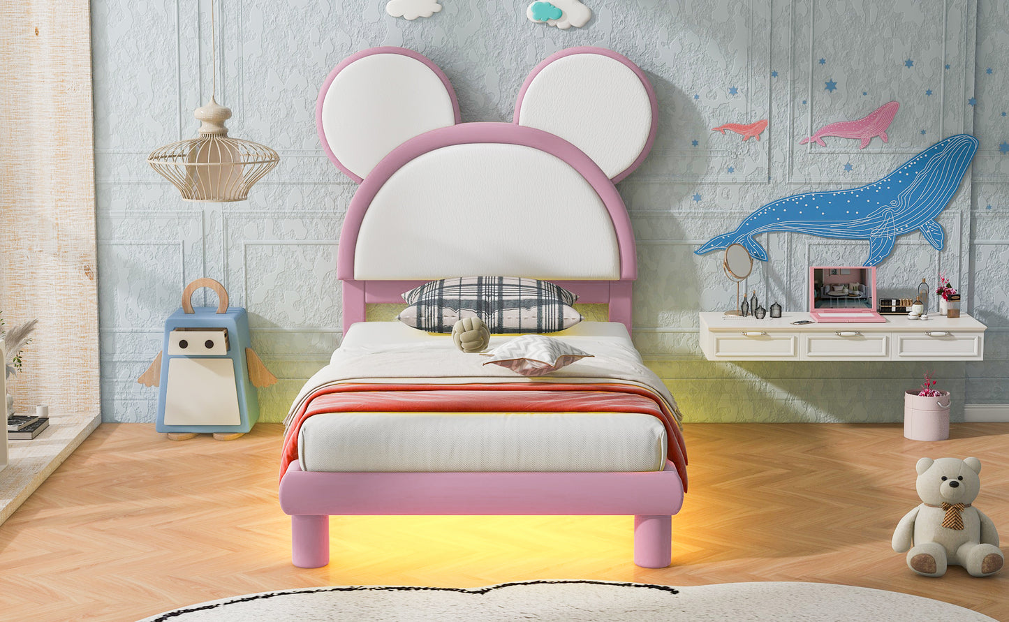 Twin Size Upholstered Platform Bed with Cartoon Ears Shaped Headboard and LED, White&Pink