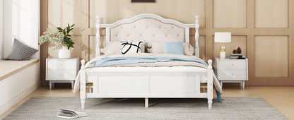 Queen Pine wooden Bed with Upholstered Headboard  and Panel Footboard, with  Two Bed Rail Support Feet and Central Platform Support Feet ,White