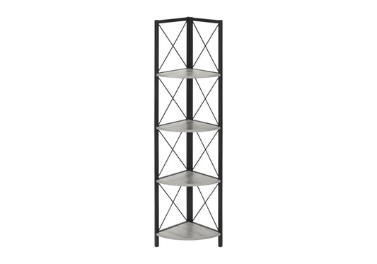 Bookshelf, Bookcase, Etagere, Corner, 4 Tier, 60"h, Office, Bedroom, Grey Laminate, Black Metal, Contemporary, Modern