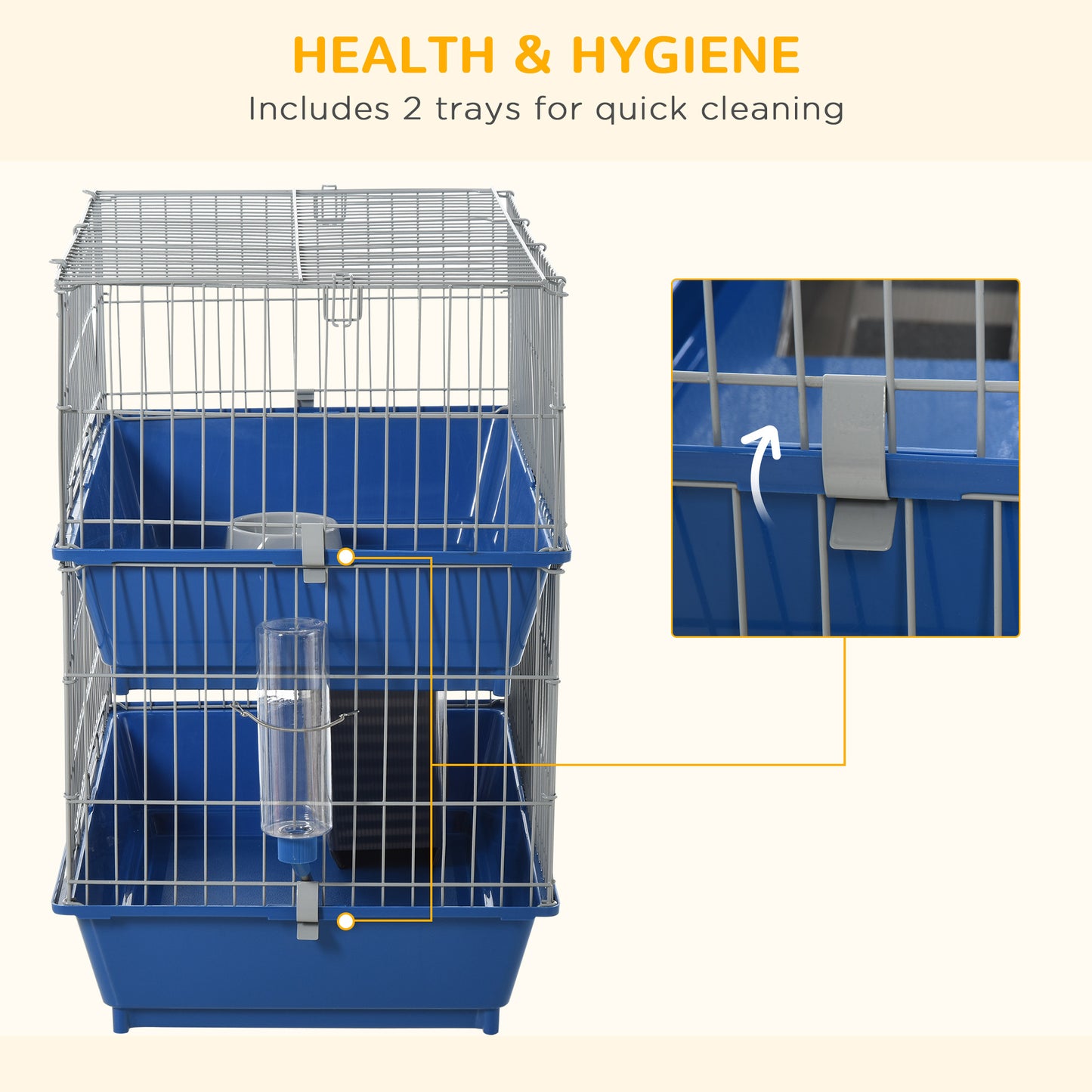 PawHut 2-Tier Guinea Pig Cage, Ferret Cage, Chinchilla Cage, Small Animal Cage Indoor with Dish and Bottle, 2 Doors, Deep Bottoms, Ramp, 28", Blue