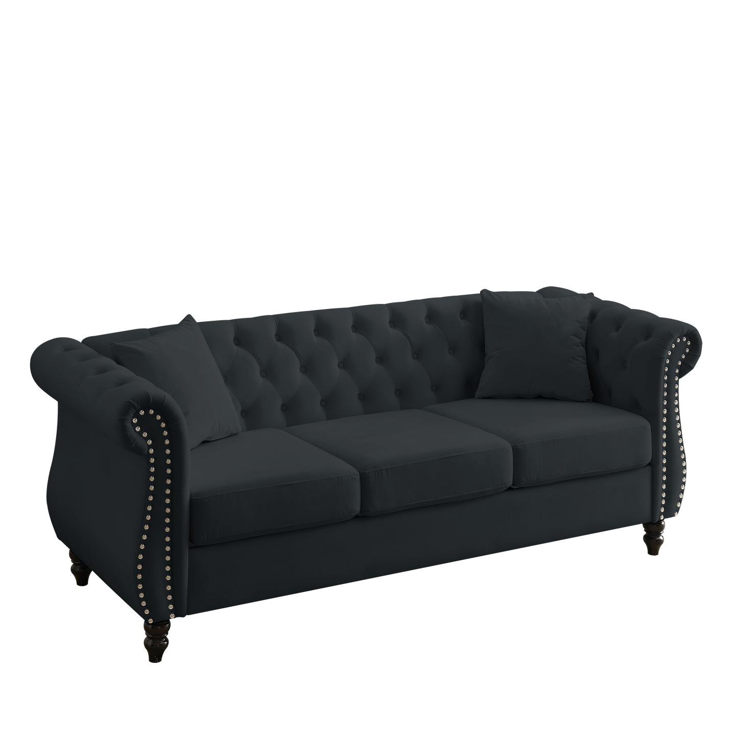 [Video] 80" Chesterfield Sofa Black Velvet for Living Room, 3 Seater Sofa Tufted Couch with Rolled Arms and Nailhead for Living Room, Bedroom, Office, Apartment, two pillows