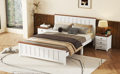 Queen Size Wood Platform Bed Wooden Slat Support, Vintage Simple Bed Frame with Rectangular Headboard and Footboard, White