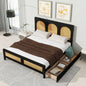 Queen Size Wood Storage Platform Bed with 2 Drawers, Rattan Headboard and Footboard, Black