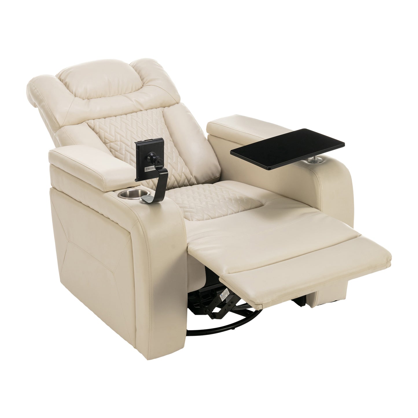 270 Degree Swivel PU Leather Power Recliner Individual Seat Home Theater Recliner with  Comforable Backrest, Tray Table,  Phone Holder, Cup Holder,  USB Port, Hidden Arm Storage for Living Room, White