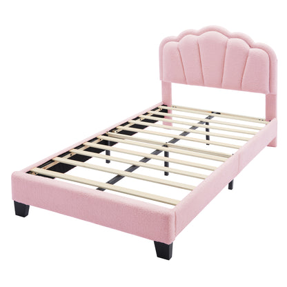 Twin Size Upholstered Flower-Shape Bed, Elegant Flowers Headboard with LED Light Strip ,Sherpa Fabric Platform Bed with Wooden Slats Support, Pink