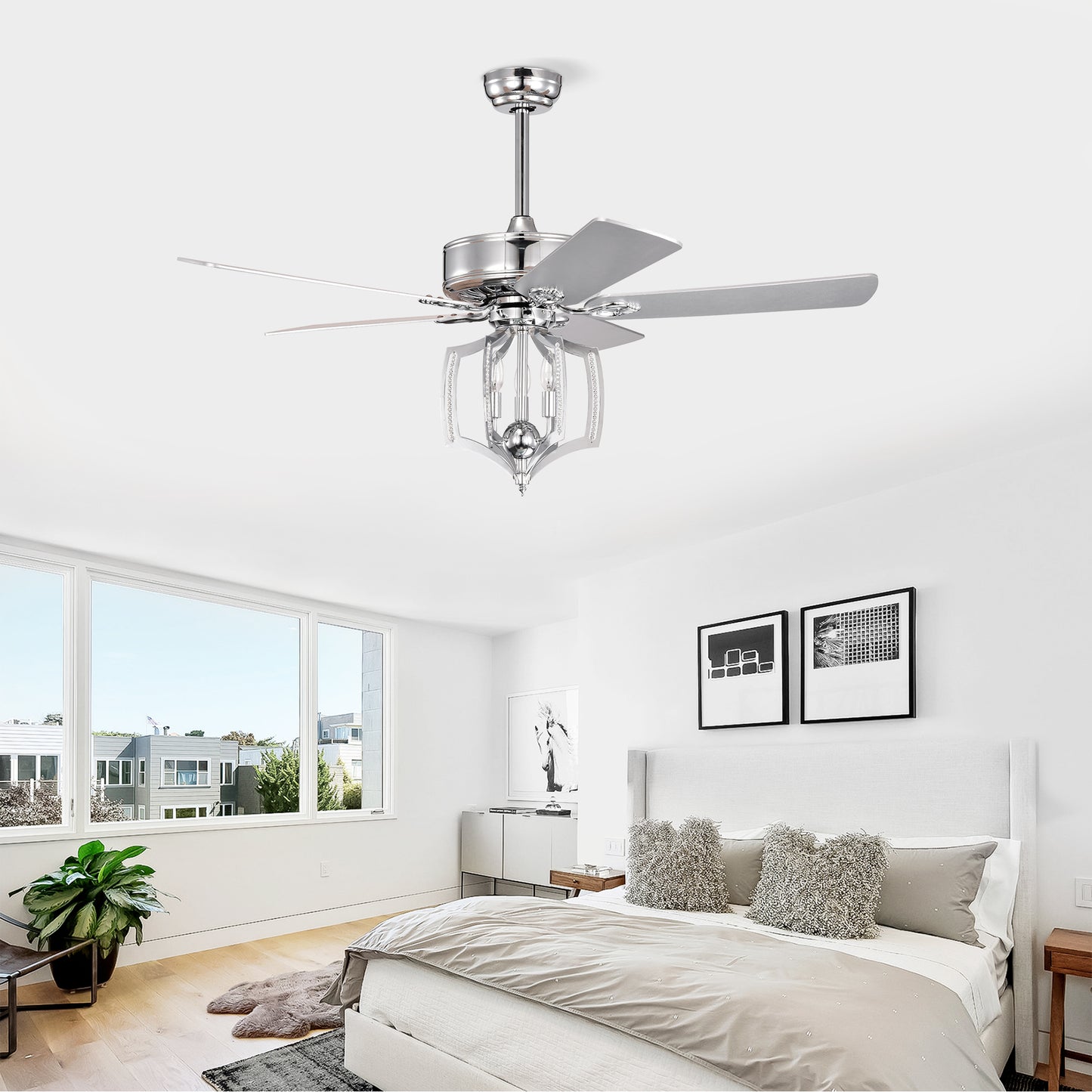 Ceiling Fans with Lights(no include bulb)  and Remote 52 Inch Bedroom Ceiling Fan with Light Crystal Chandelier Fans, Reversible Motor, Timer, Polished Chrome