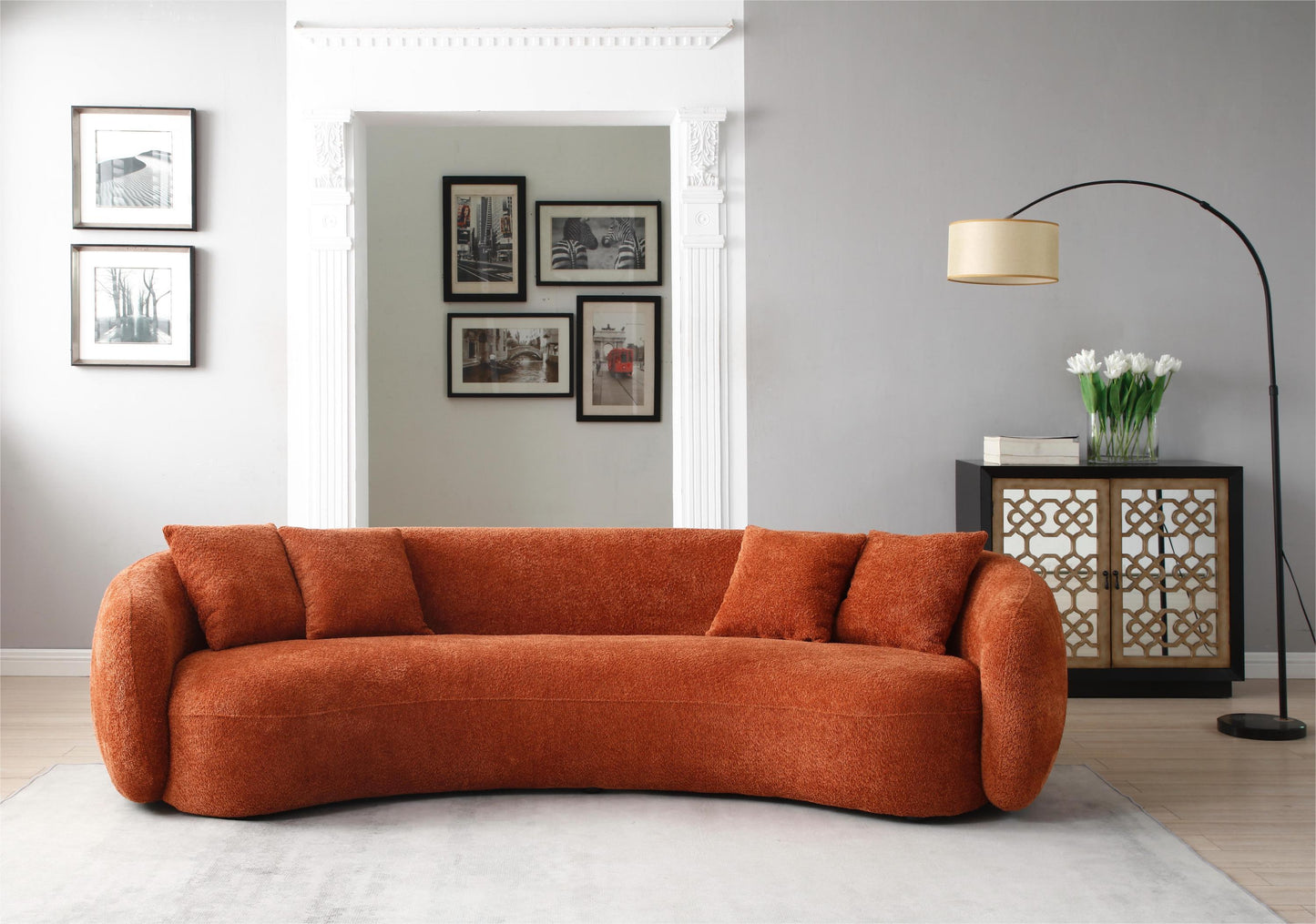 102'' 5-Seater Boucle Sofa Modern Sectional Half Moon Leisure Couch Curved Sofa Teddy Fleece Orange