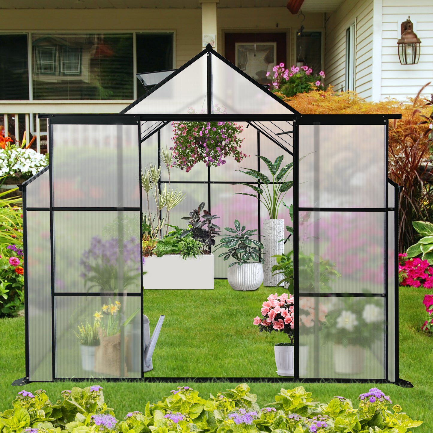 8X6FT-Black Double Door Polycarbonate Greenhouse Raised Base and Anchor Aluminum Heavy Duty Walk-in Greenhouses for Outdoor Backyard in All Season