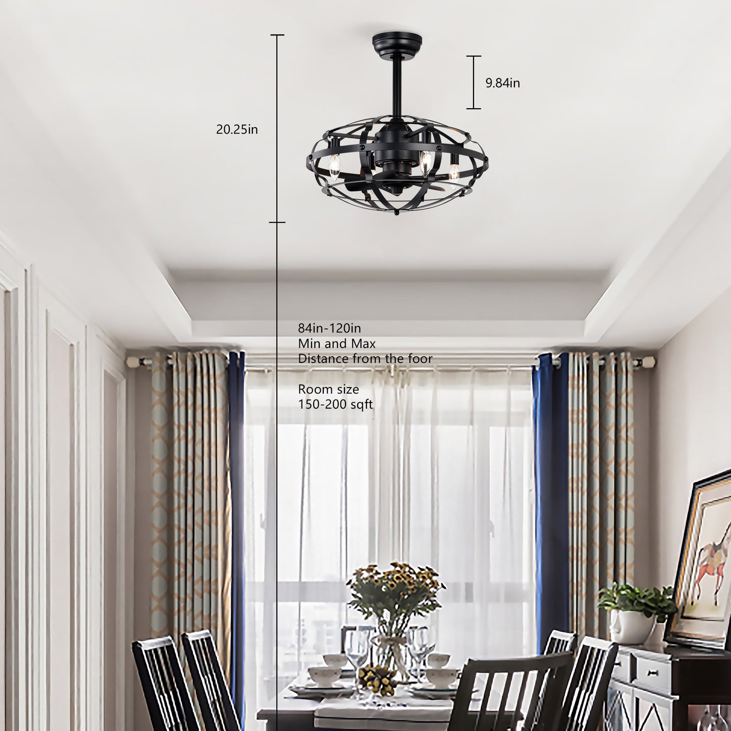 Hot Sell Industrial Ceiling Fan Light Kit for Living Room Bedroom Kitchen and Bladeless Caged Ceiling Fan with Lights