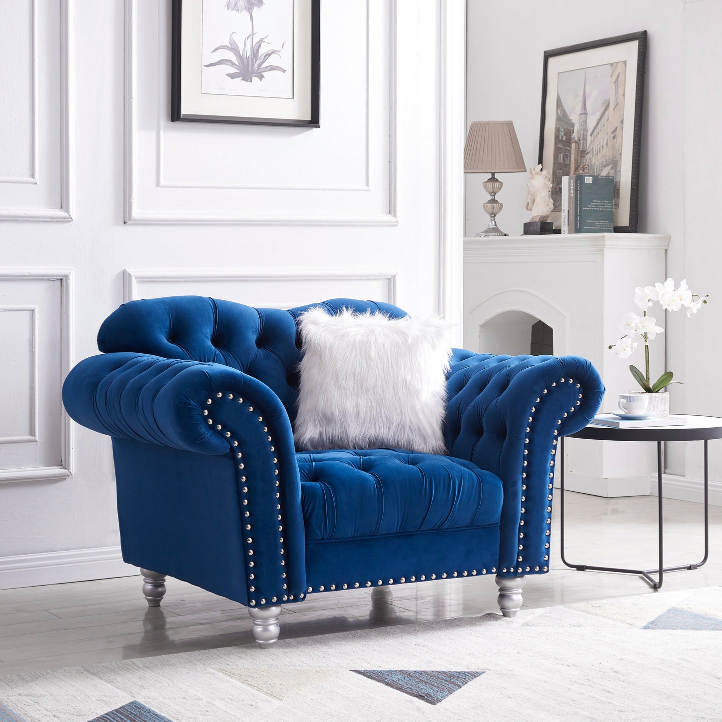 3 Piece Living Room Sofa Set, including 3-Seater Sofa, Loveseat and Sofa Chair, with Button and Copper Nail on Arms and Back, Five White Villose Pillow, Blue.