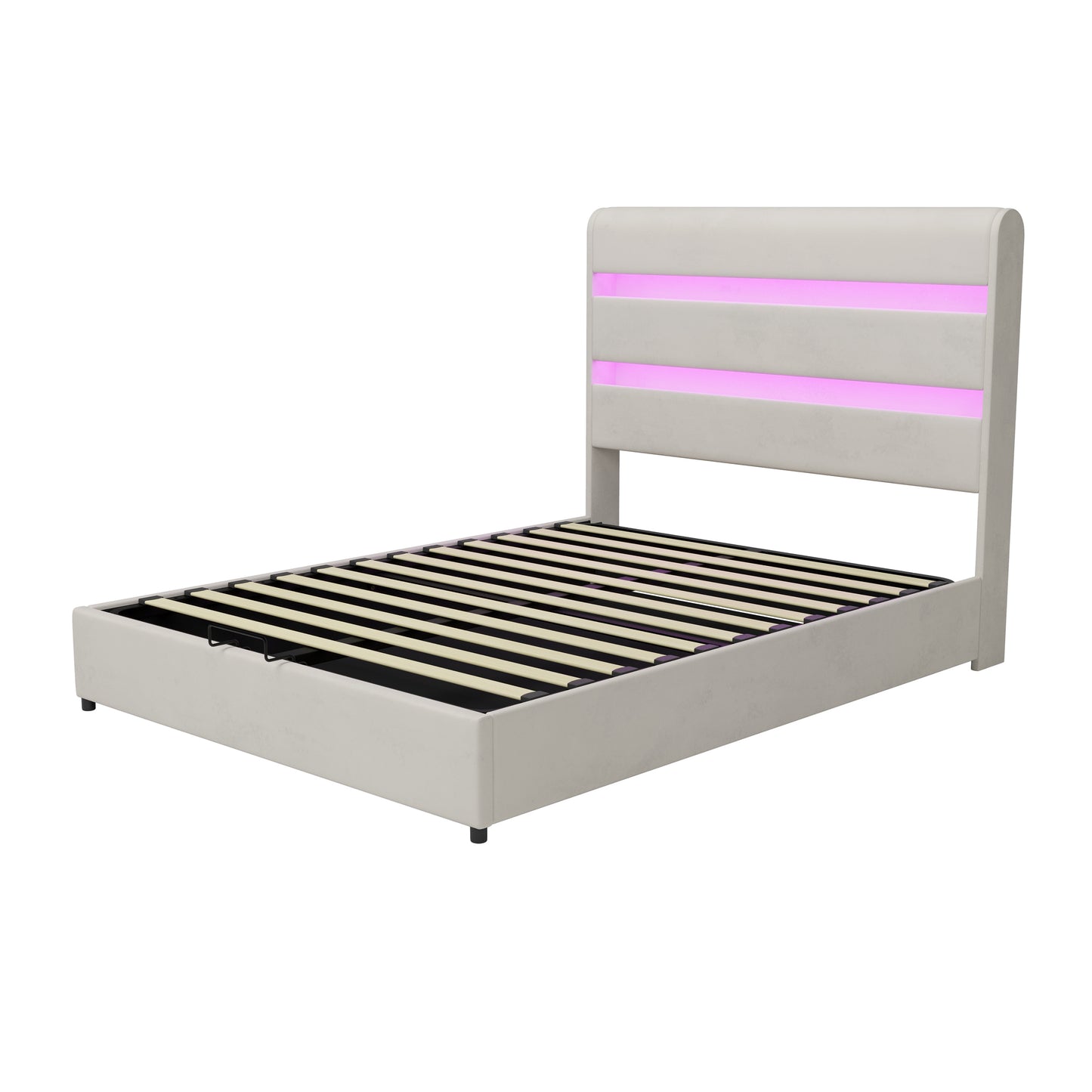 Upholstered Platform King Size Hydraulic Storage Bed, Lift Up Storage Bed with RGB LED Light Headboard, No Box Spring Needed,Velvet,Beige