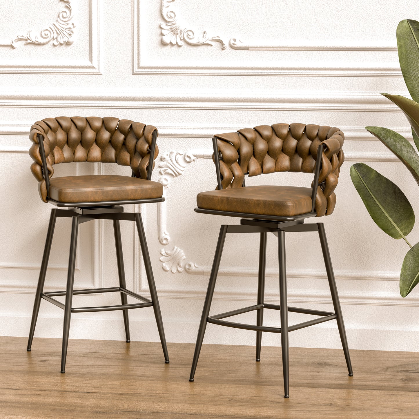 28" Technical Leather Woven Bar Stool Set of 2,Black legs Barstools No Adjustable Kitchen Island Chairs,360 Swivel Bar Stools Upholstered Bar Chair Counter Stool Arm Chairs with Back Footrest (Brown)