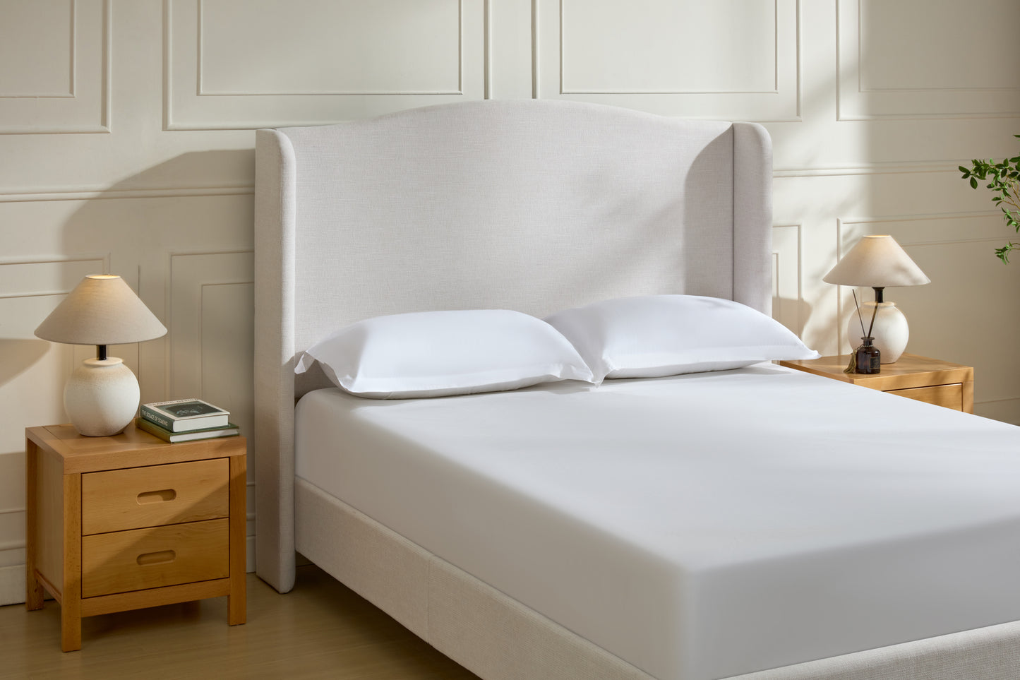 Hannah Upholstered Wingback Bed Size King / Tall 54" Headboard Upholstered King Bed / Premium Textured Canvas Chenille Look Ivory / Minimalist Designs
/ No Box Spring Needed / Easy Assembly / King