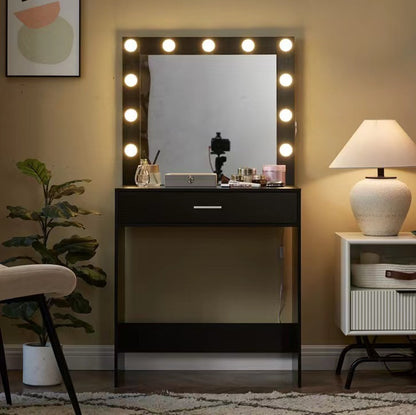 Vanity Desk with Mirror and Lights, Dressing Table with Large Drawer, 1 Level Storage Dresser & 3 Lighting Modes Adjustable Brightness, Suitable for Bedroom(Black)