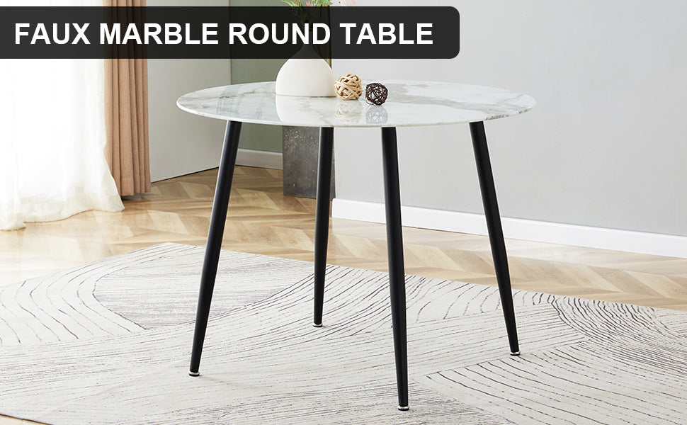 A modern minimalist circular dining table with a diameter of 40 inches, a 0.3 inch thick imitation marble pattern tabletop and black metal legs  40 '* 40' * 30 'DT-1164