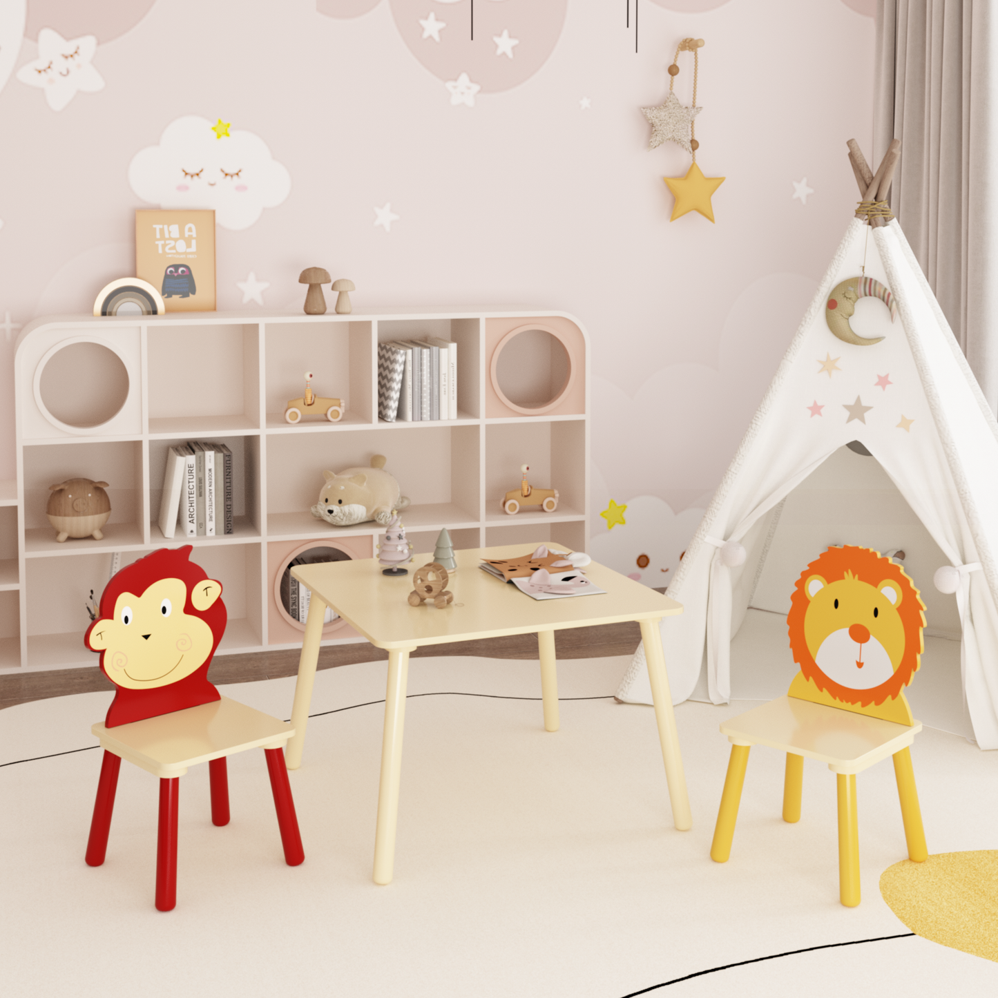 Kids Table and 2 Chairs Set, 3 Pieces Toddler Table and Chair Set, Wooden Activity Play Table Set (Lion&Monkey)