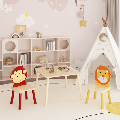 Kids Table and 2 Chairs Set, 3 Pieces Toddler Table and Chair Set, Wooden Activity Play Table Set (Lion&Monkey)