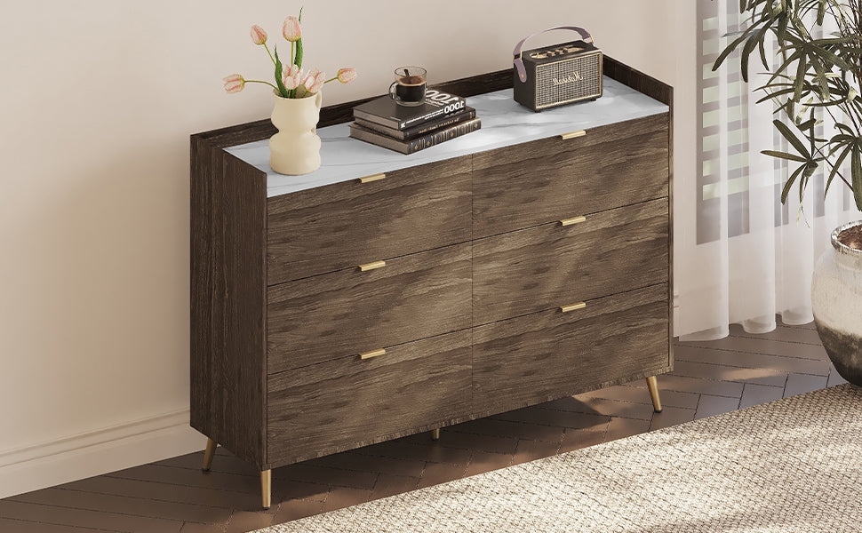 55" Long 6 Drawer Dresser with Marbling Worktop, Mordern Storage Cabinet with Metal Leg and Handle for Bedroom,Walnut