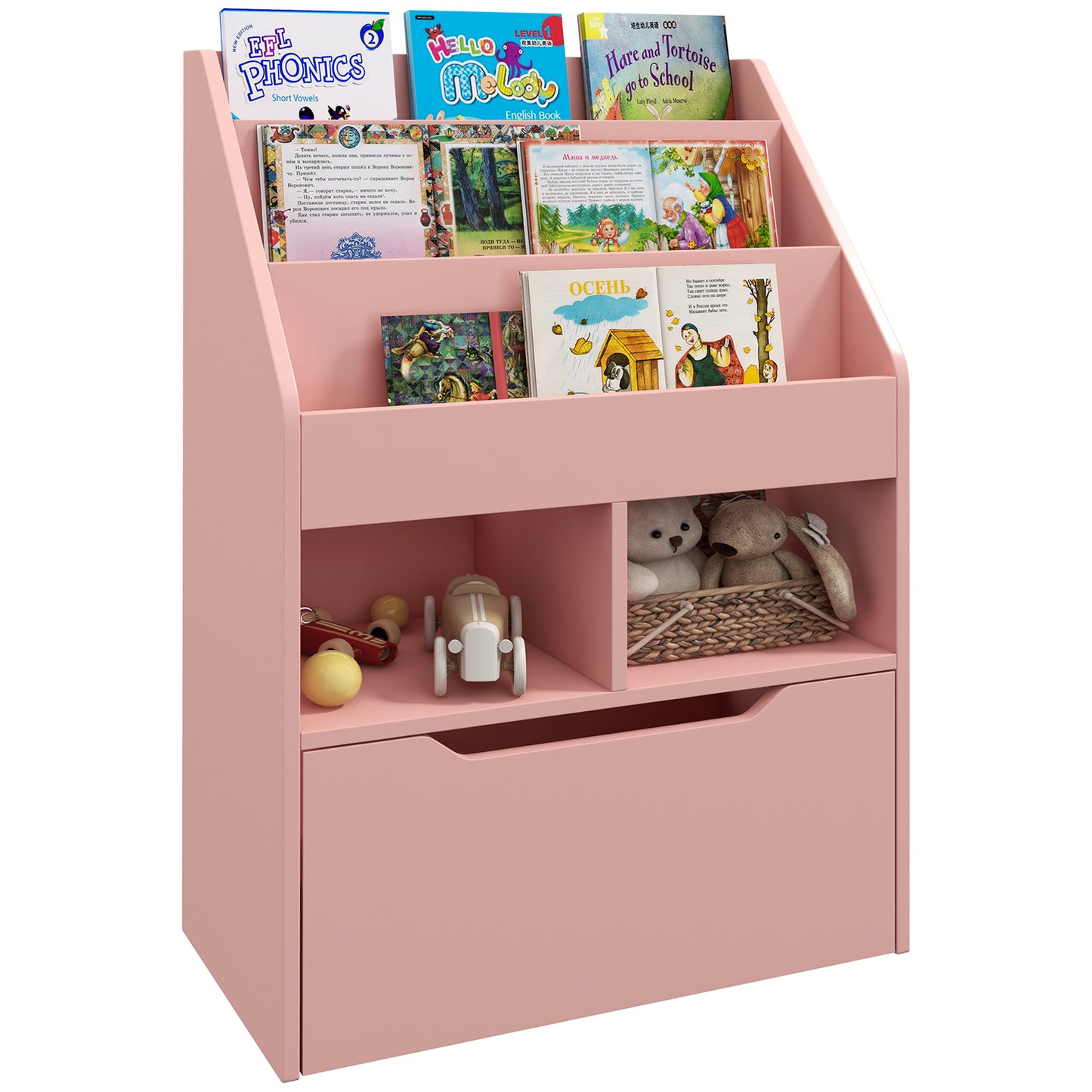 HOMCOM Kids Bookcase Multi-Shelf Rack Organizer with Storage Drawer for Books, Playroom, Pink