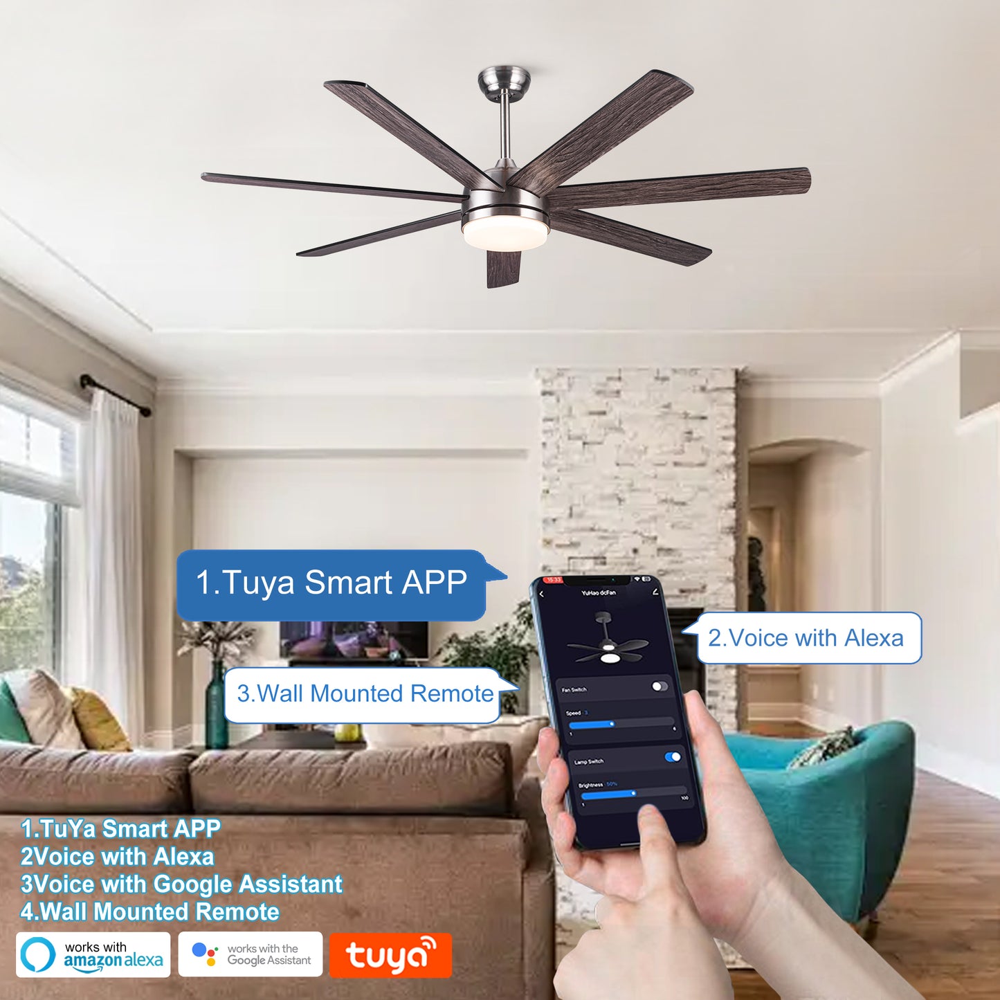 62 in. Integrated LED Brushed Nickel Plywood Smart Ceiling Fan with Remote Control