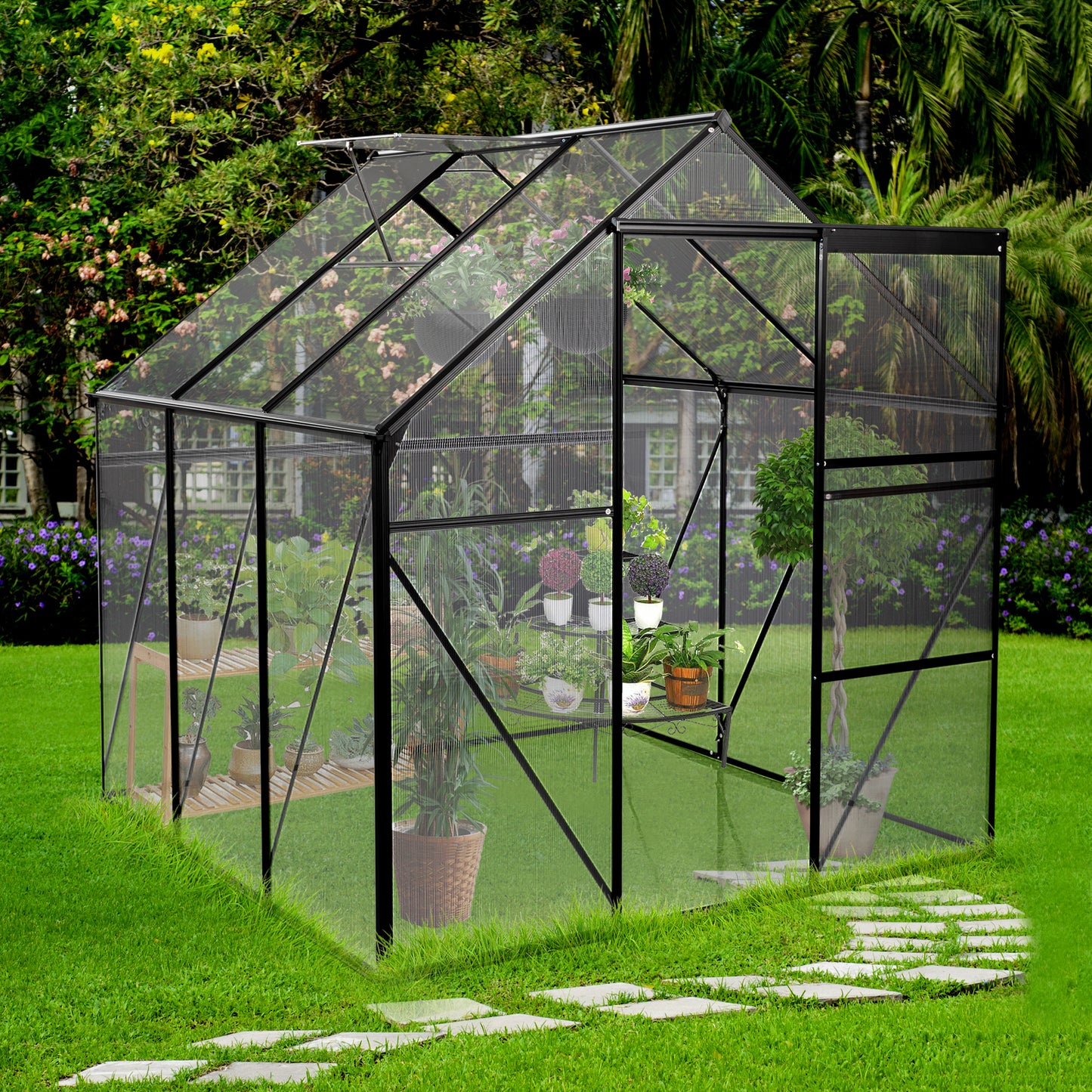 6X6FT-BLACK Polycarbonate Greenhouse Raised Base and Anchor Aluminum Heavy Duty Walk-in Greenhouses for Outdoor Backyard in All Season (W540S00002)