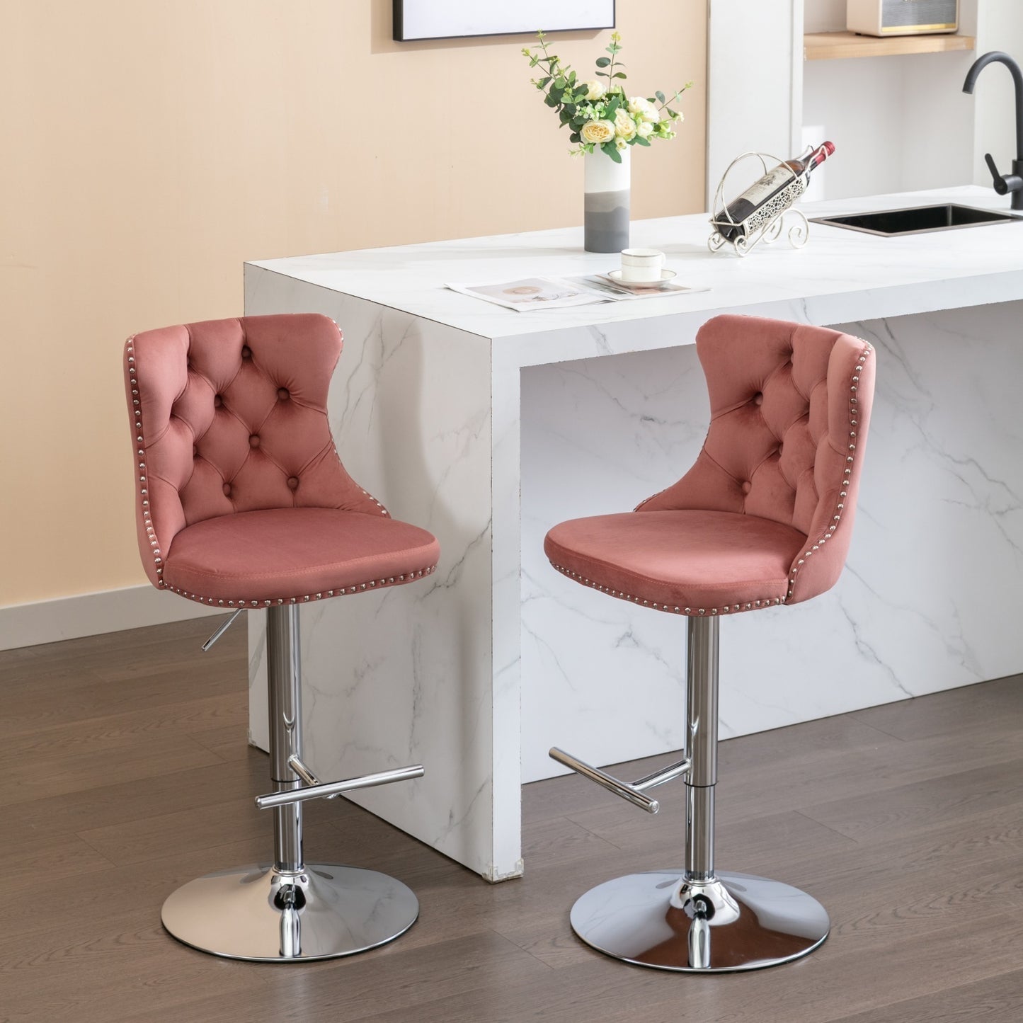 Swivel Velvet Barstools Adjusatble Seat Height from 25-33 Inch, Modern Upholstered Chrome base Bar Stools with Backs Comfortable Tufted for Home Pub and Kitchen Island, Pink,Set of 2,1712PK