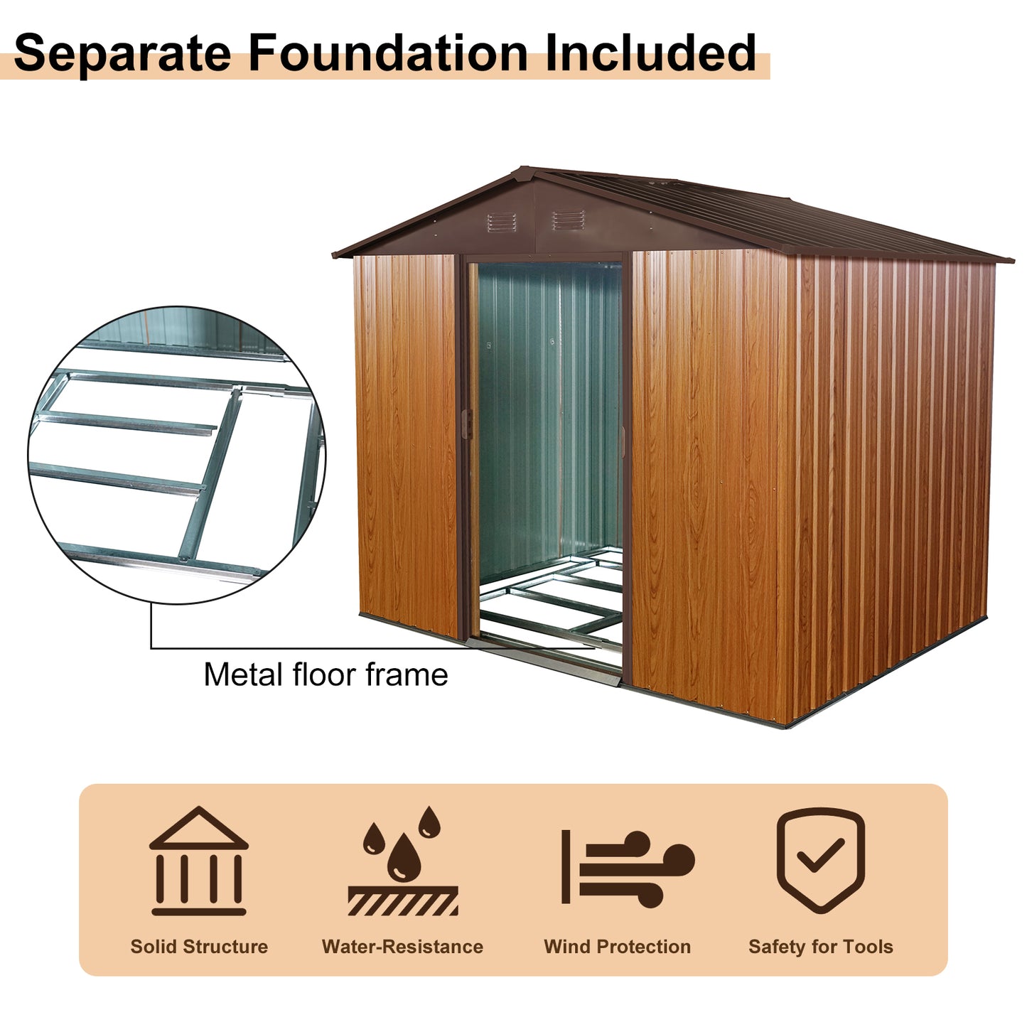 8ft x 6ft Outdoor Metal Storage Shed with Metal foundation,Coffee(W540S00014)