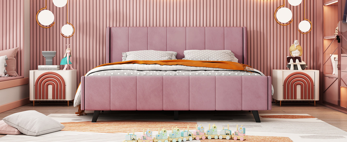 Queen Size Upholstered Platform Bed, Velvet, Pink