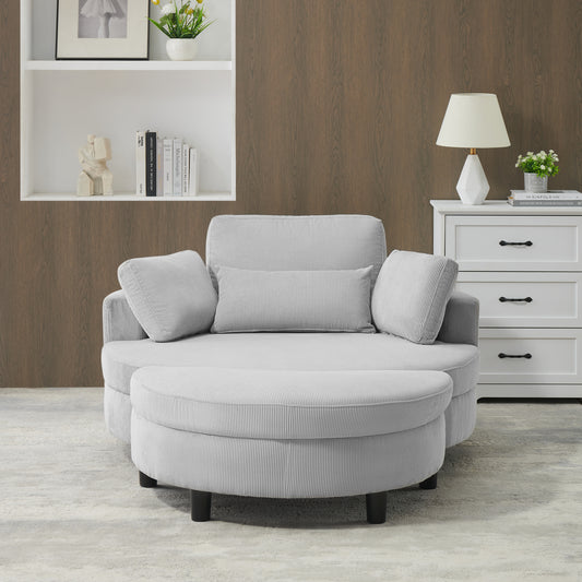 51-inch gray corduroy sofa with two throw pillows and a waist pillow with an extra tray for comfortable seating in small apartment bedrooms