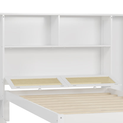 Twin Size Wooden Bed with Two Storage Lockers, Drawer, and Storage Shelf on Headboard, Multifunctional Platform Bed with Natural Rattan, White