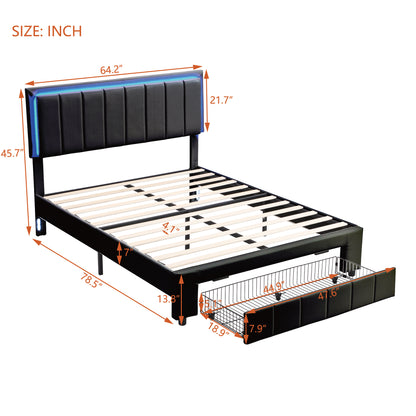 Upholstered Platform Bed with LED Lights and Two Motion Activated Night Lights,Queen Size Storage Bed with Drawer, Black