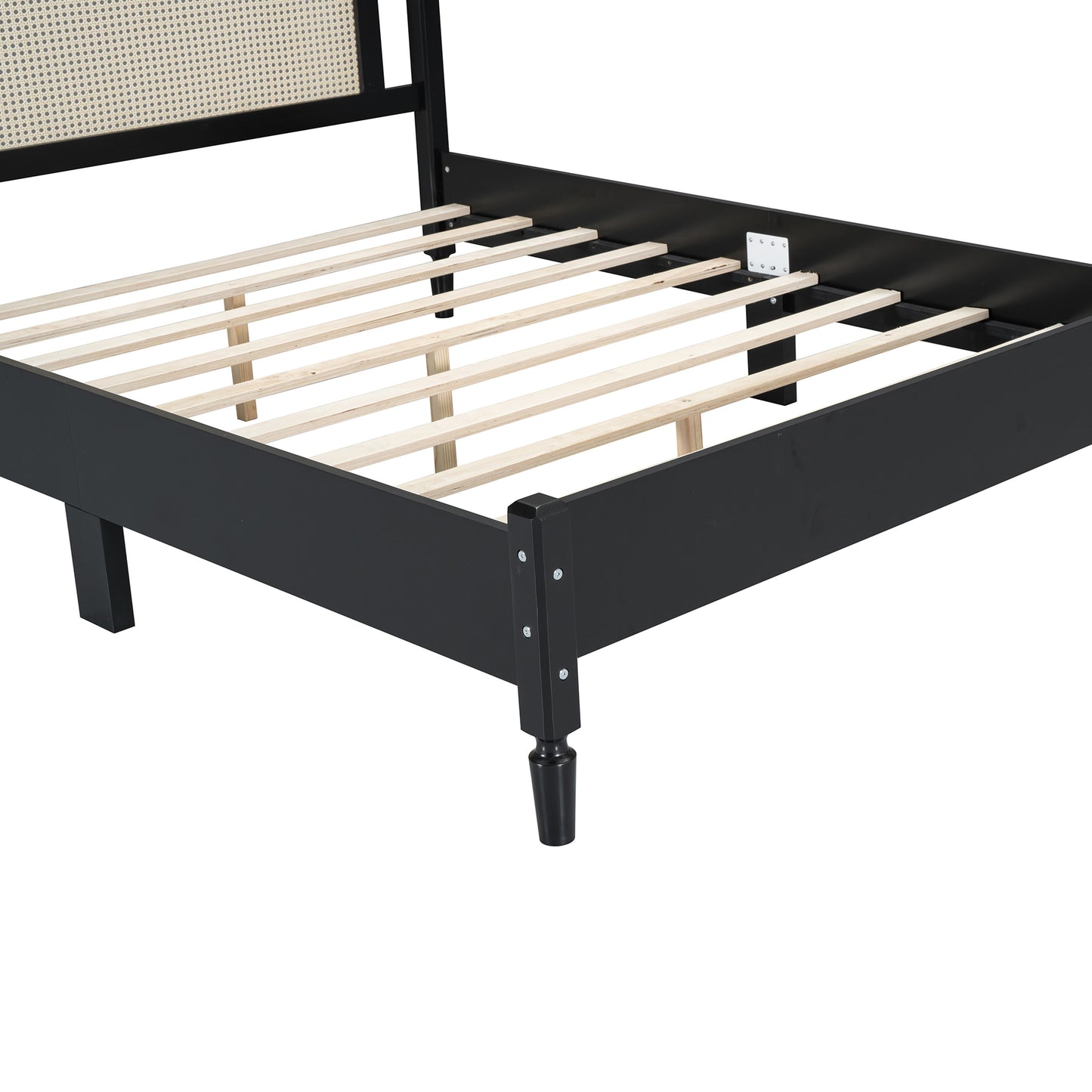 Queen Size Wooden Platform Bed with Natural Rattan Headboard, Vintage Bed Frame with Wooden Slat Support, Black