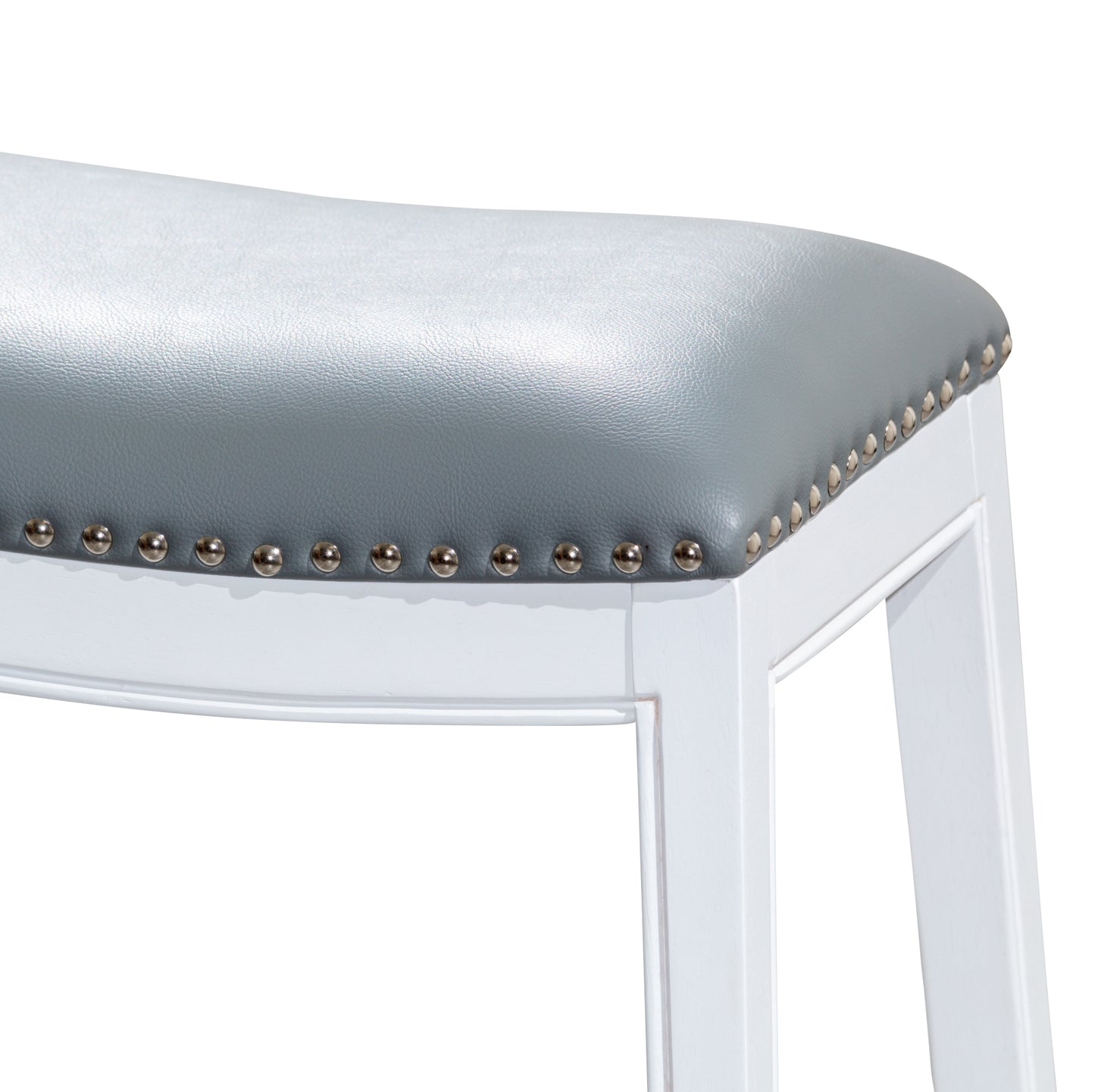 30" Bar Height Saddle Stool, White Finish, Gray Leather Seat