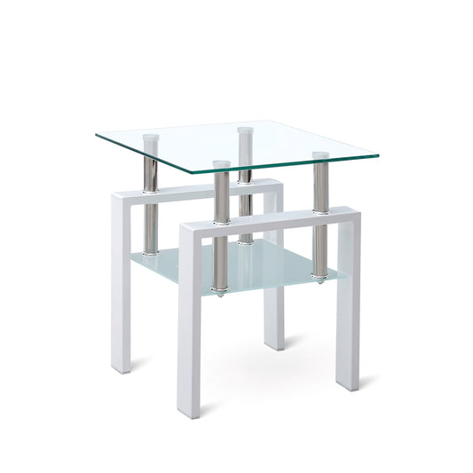 Modern White Tempered Clear Glass End Table with Storage, Living Room Side Table, 2-Layers
