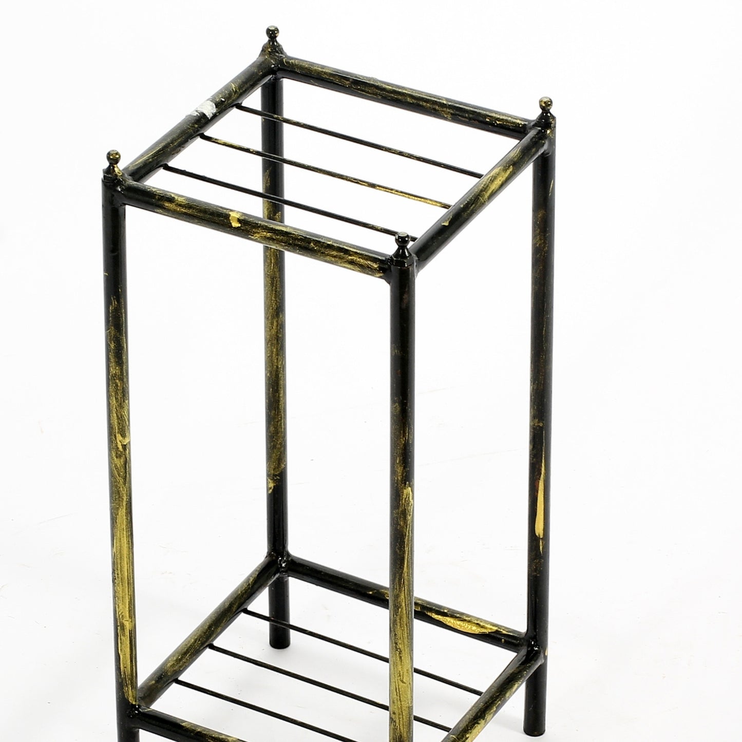 17" Gray Stone Slab 2 Tier Small Square Black / Gold Cast Metal Plant Stand