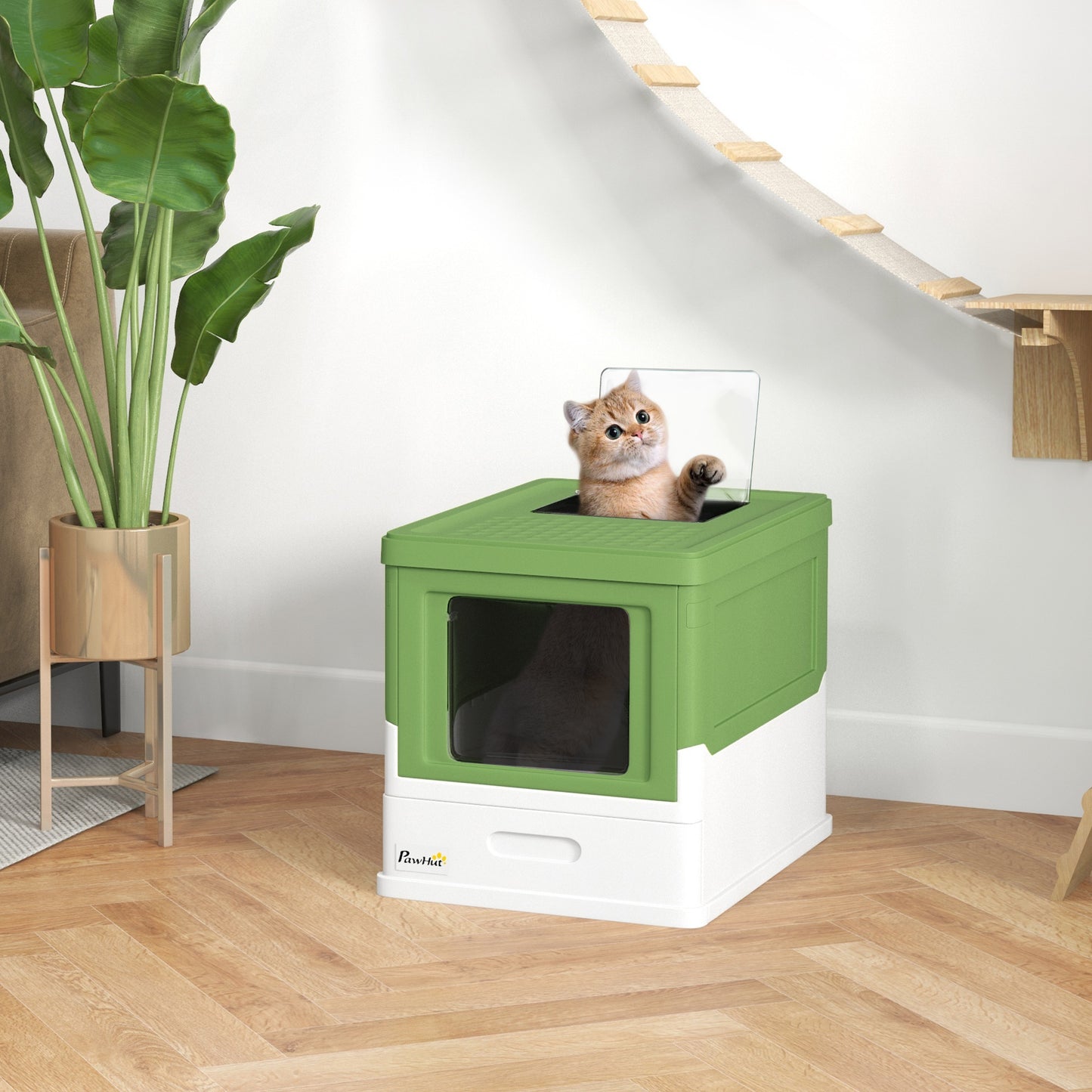 PawHut Fully Enclosed Cat Litter Box with Scoop, Hooded Cat Litter House with Drawer Type Tray, Foldable Smell Proof Cat Potty with Front Entry, Top Exit, Large Space, Yellowish Green