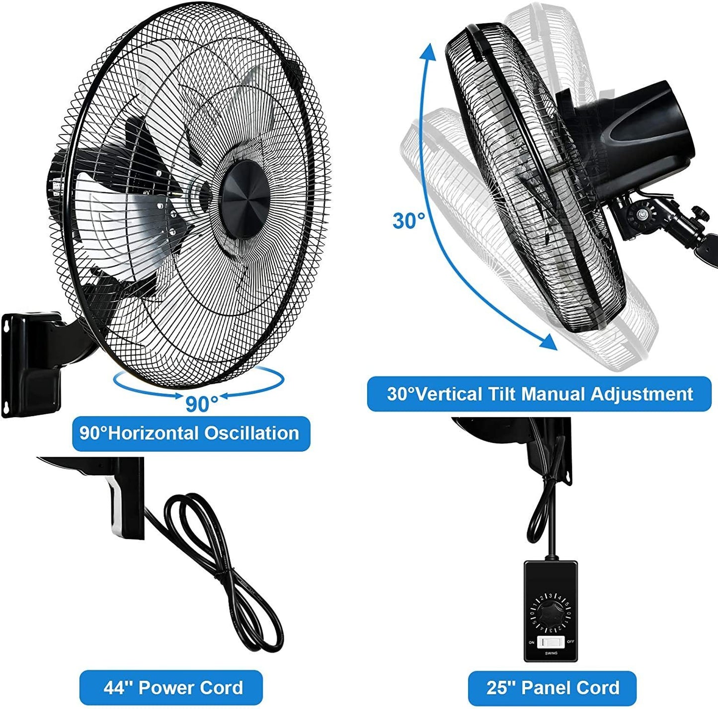 2Pack HealSmart 18 Inch Household Commercial Wall Mount Fan, 90 Degree Horizontal Oscillation, 5 Speed Settings, Black