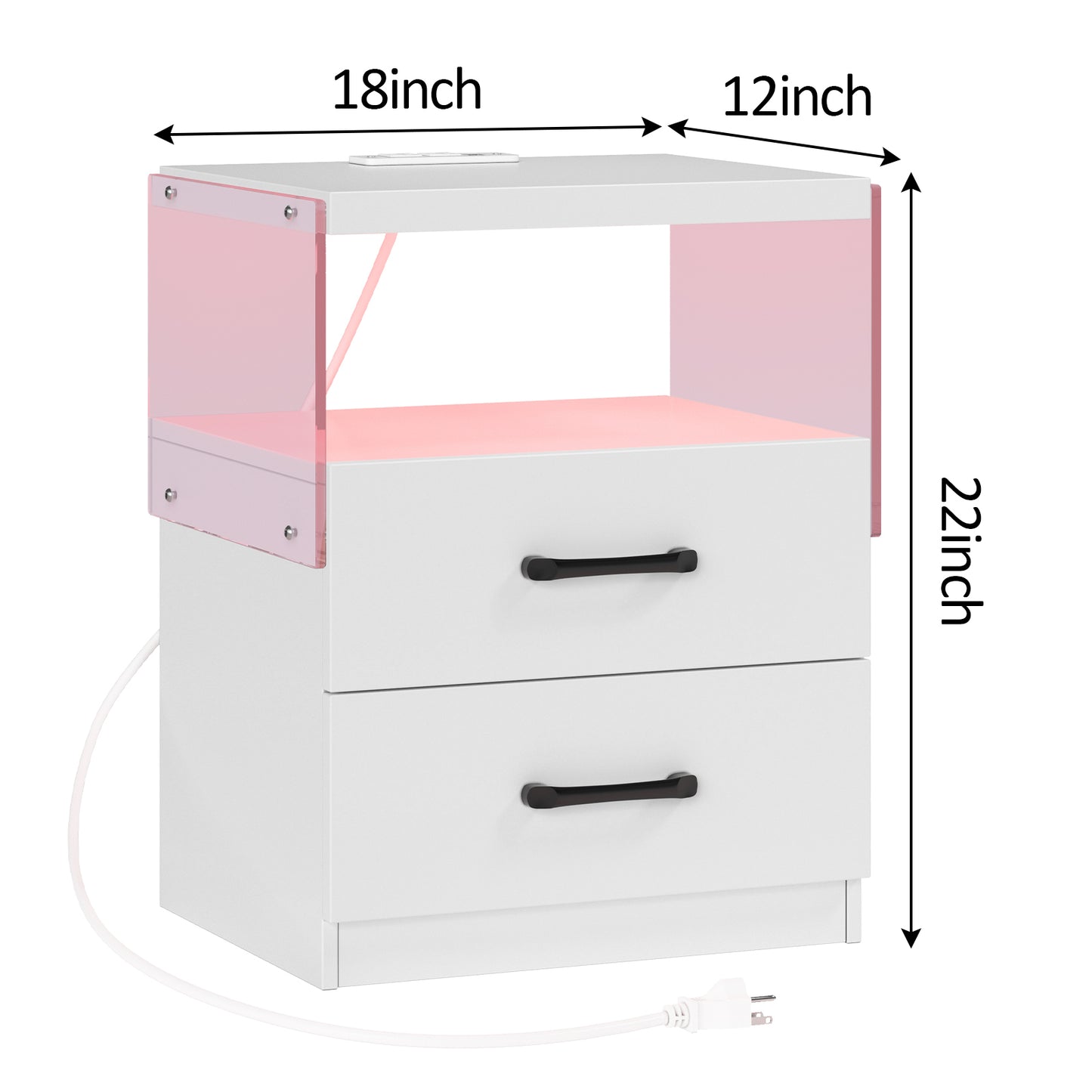 Nightstand with LED Lights, Adjustable Light Colors, Bedside Table, Side Table with 2 Drawers,White