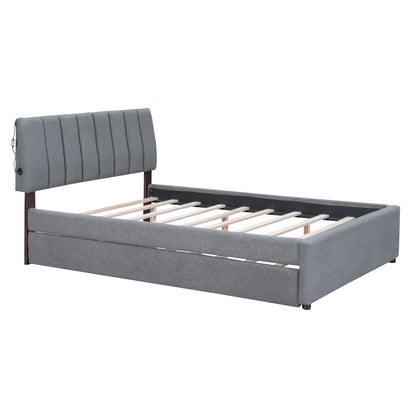 Teddy Fleece Full Size Upholstered Platform Bed with Twin size Trundle, Gray